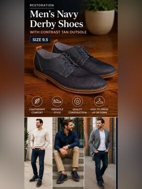 Restoration Men’s Navy Derby Shoes – Size 9.5